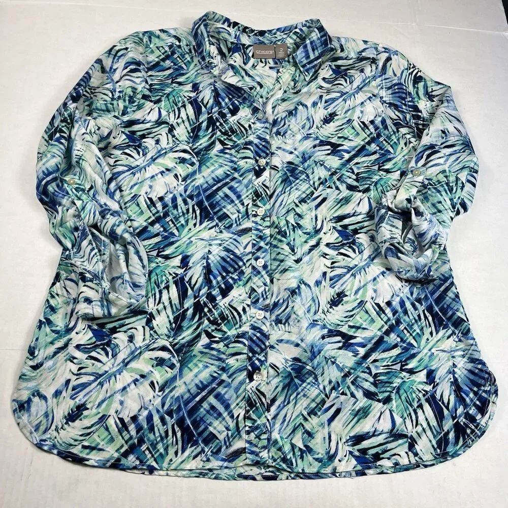 Chicos Button Down Shirt Tropical Palm Print Long Sleeve Casual Coastal Top 2 L